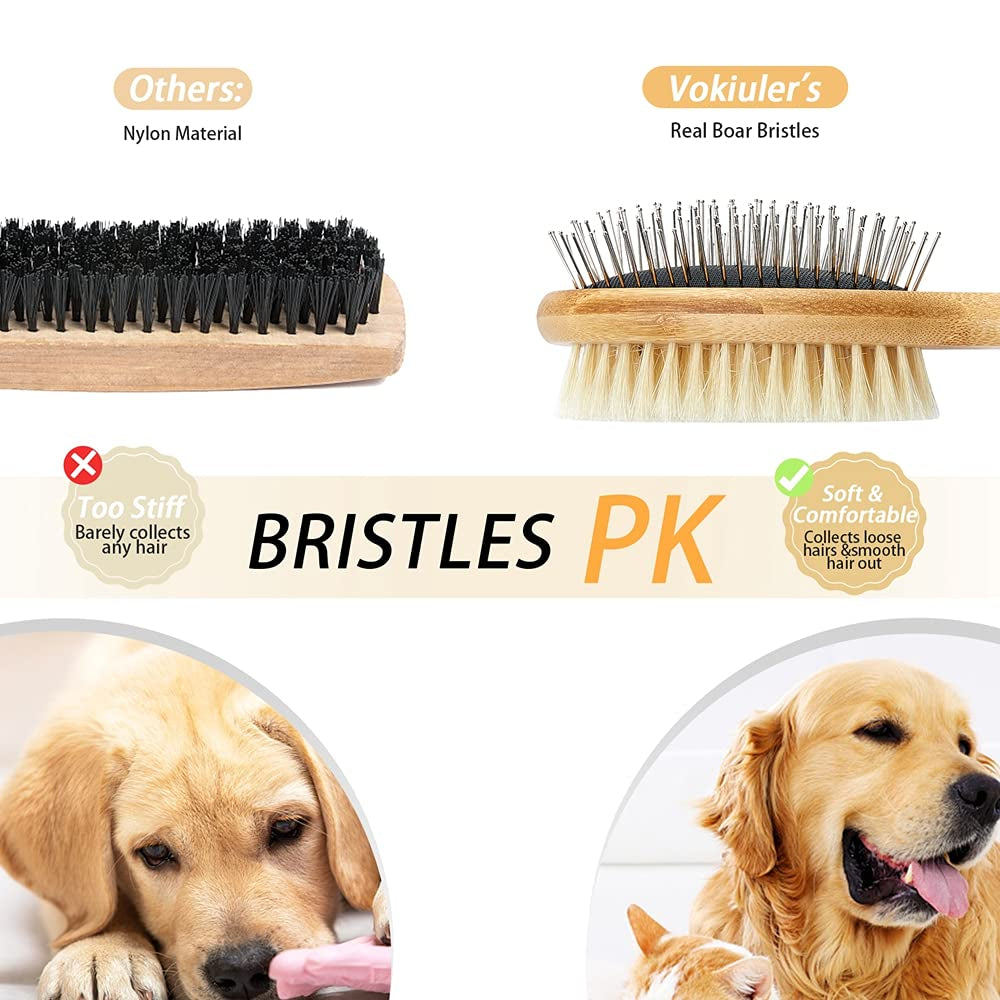 Dog Brush Cat Brush, Double Sided Bristle and Pin Pet Brush for Dog Grooming, Real Boar Bristle Shedding Brush with Bamboo Handle for Long Short Hair, 2 Pack Dog Comb, White