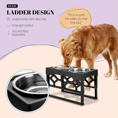 Large Elevated Dog Bowls Stand - Adjustable Raised Pet Food Feeder Station for Medium/Large Sized Dogs - Anti-Slip 4 Height Stand with 2 Stainless Steel Large Dog Food & Water Bowls Dish Set