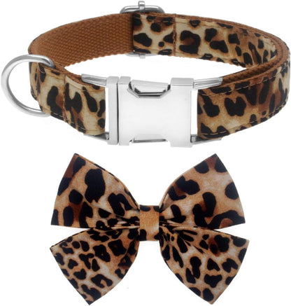 Dog Collar with Bow, Cotton & Webbing, Detachable Bowtie Dog Collar, Adjustable Dog Collars and Leash for Small Medium Large Dogs (S, Leopard Print)