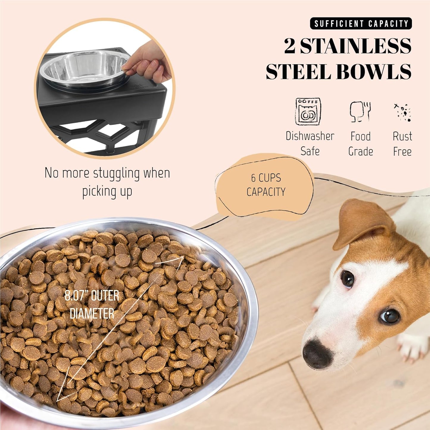 Large Elevated Dog Bowls Stand - Adjustable Raised Pet Food Feeder Station for Medium/Large Sized Dogs - Anti-Slip 4 Height Stand with 2 Stainless Steel Large Dog Food & Water Bowls Dish Set