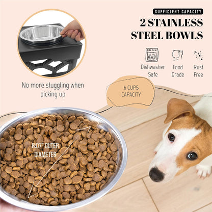 Large Elevated Dog Bowls Stand - Adjustable Raised Pet Food Feeder Station for Medium/Large Sized Dogs - Anti-Slip 4 Height Stand with 2 Stainless Steel Large Dog Food & Water Bowls Dish Set