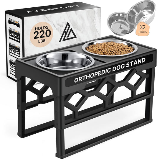 Large Elevated Dog Bowls Stand - Adjustable Raised Pet Food Feeder Station for Medium/Large Sized Dogs - Anti-Slip 4 Height Stand with 2 Stainless Steel Large Dog Food & Water Bowls Dish Set