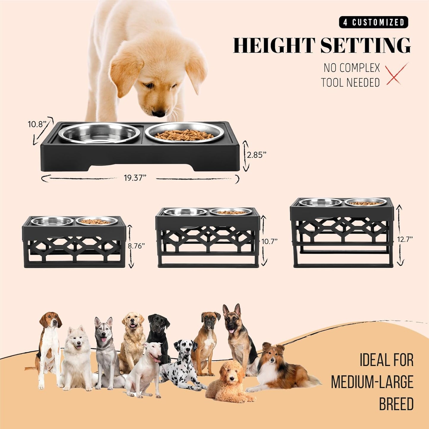 Large Elevated Dog Bowls Stand - Adjustable Raised Pet Food Feeder Station for Medium/Large Sized Dogs - Anti-Slip 4 Height Stand with 2 Stainless Steel Large Dog Food & Water Bowls Dish Set